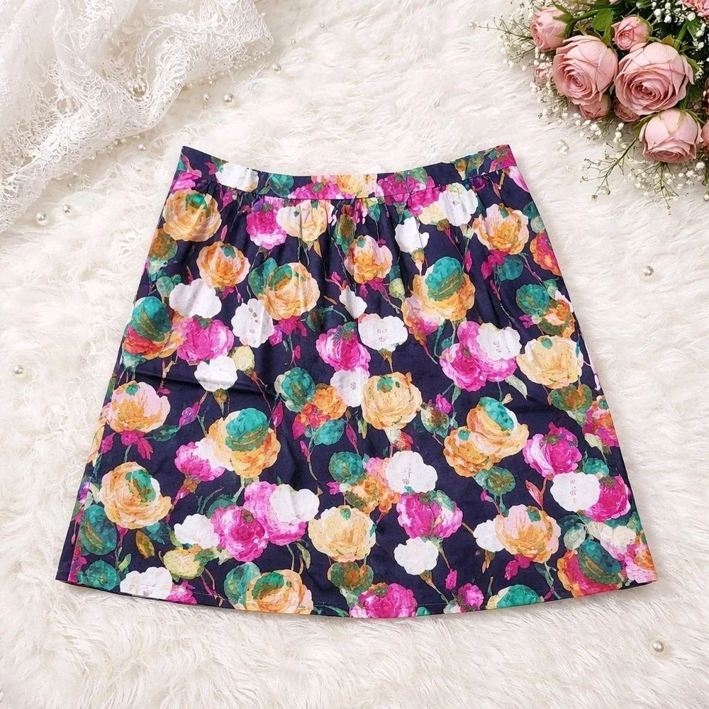 J.Crew Skirt Floral Pink Green Navy Cotton Stretch‎ A-Line 10
